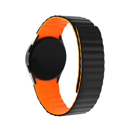 Magnetic Silicone Strap, black/orange, on a watch, 3/4 front view