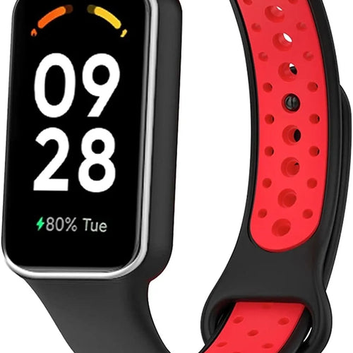 Silicone Sport Strap, black/red, on a watch, 3/4 front view