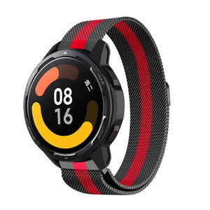 Milanese Strap, black/red, on a watch, 3/4 front view