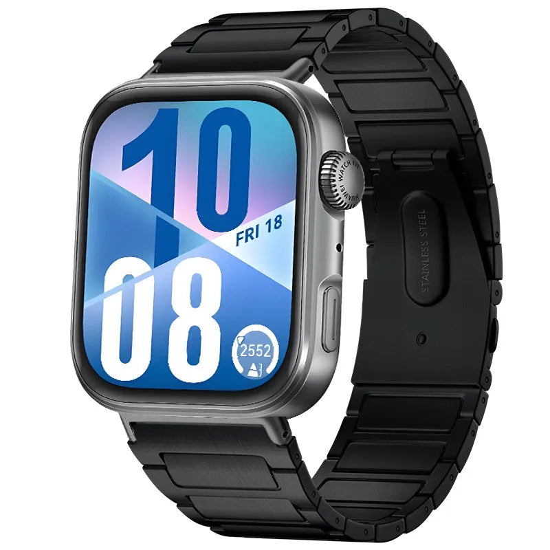 Titanium Strap, black, on a watch, 3/4 front view