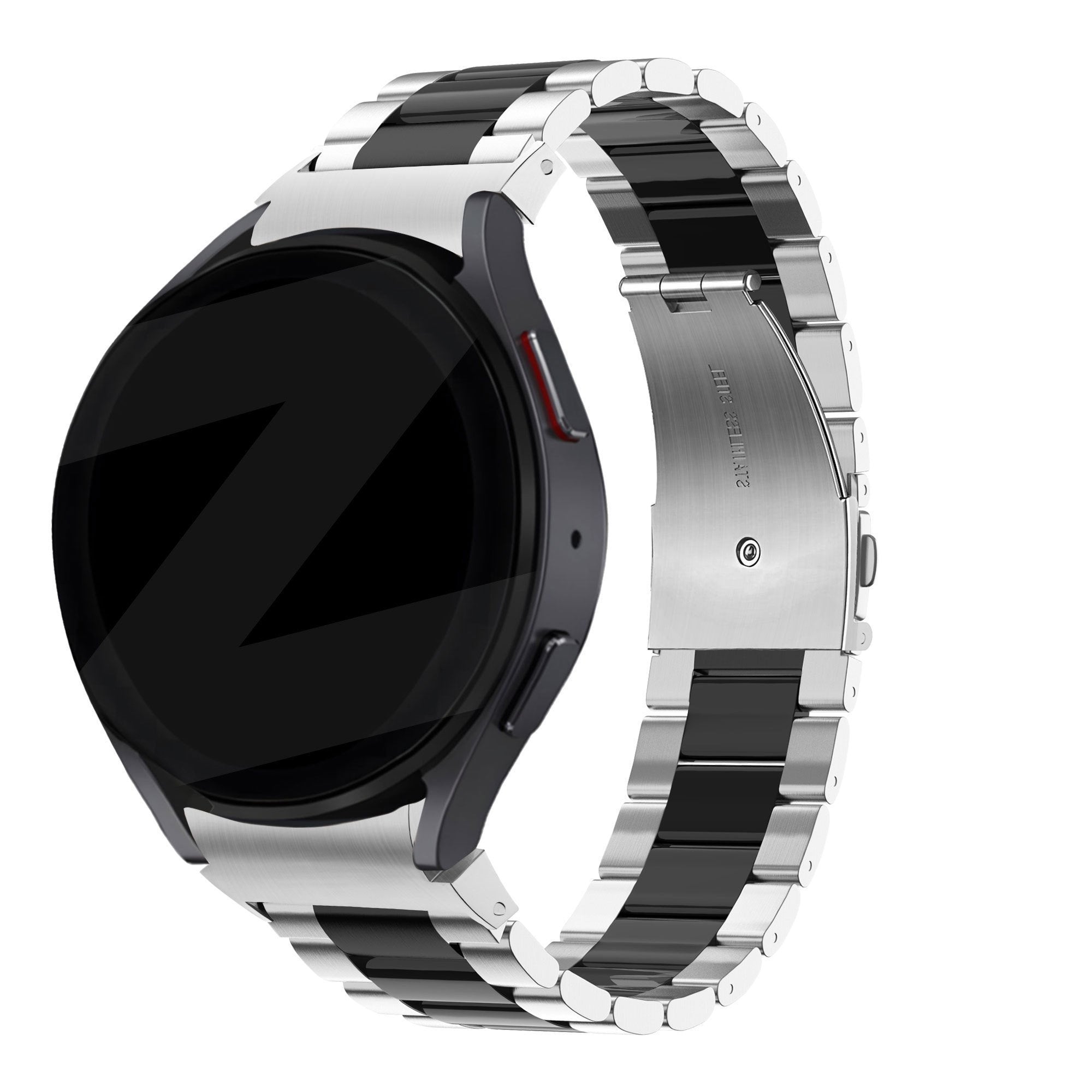 Steel Strap 'Classic', silver/black, on a watch, 3/4 rear view