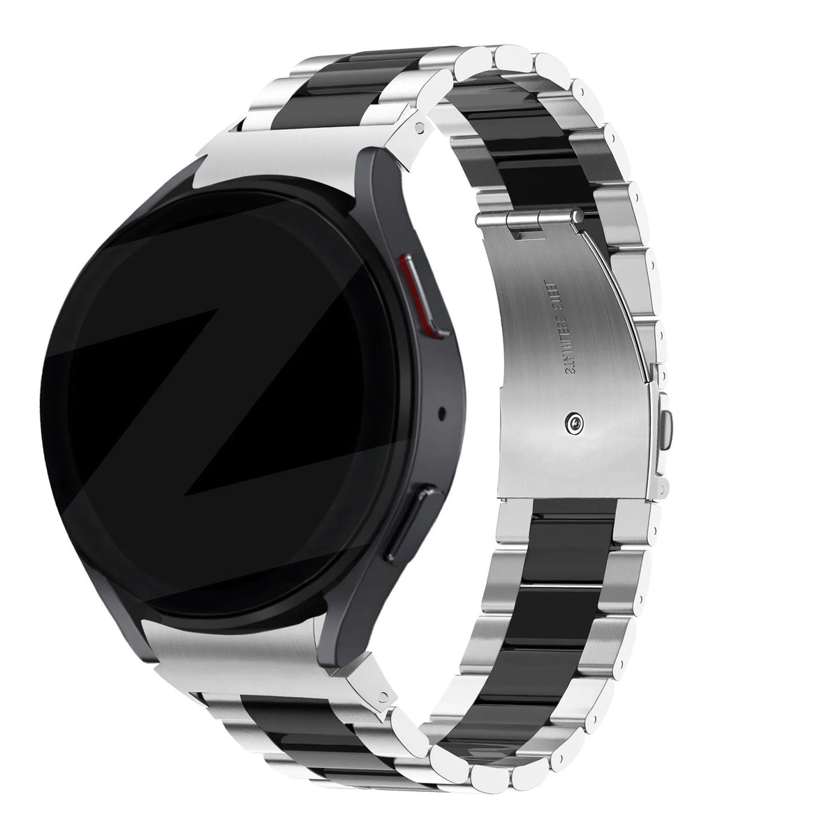 Steel Strap 'Classic', silver/black, on a watch, 3/4 rear view
