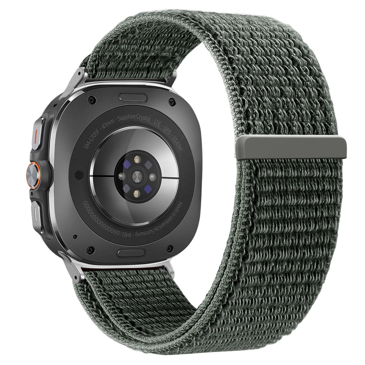 Nylon Loop Strap, grey-green, on a watch, 3/4 rear view