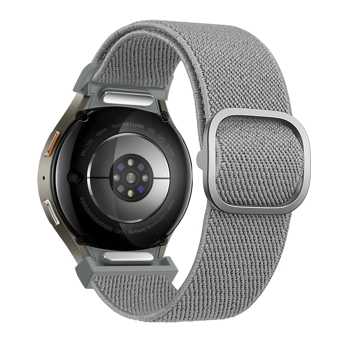 Nylon Elastic Strap 'Easy Fit', grey, on a watch, 3/4 rear view