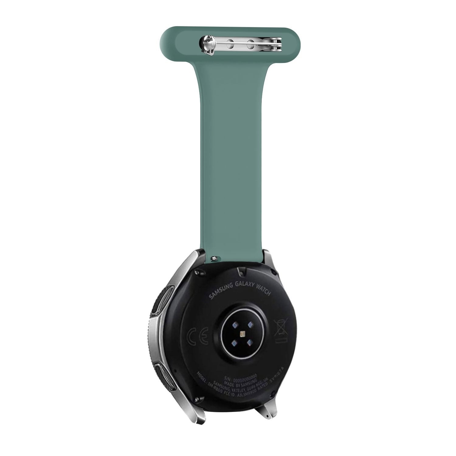 Silicone Nurse Fob, green, on a watch, 3/4 rear view
