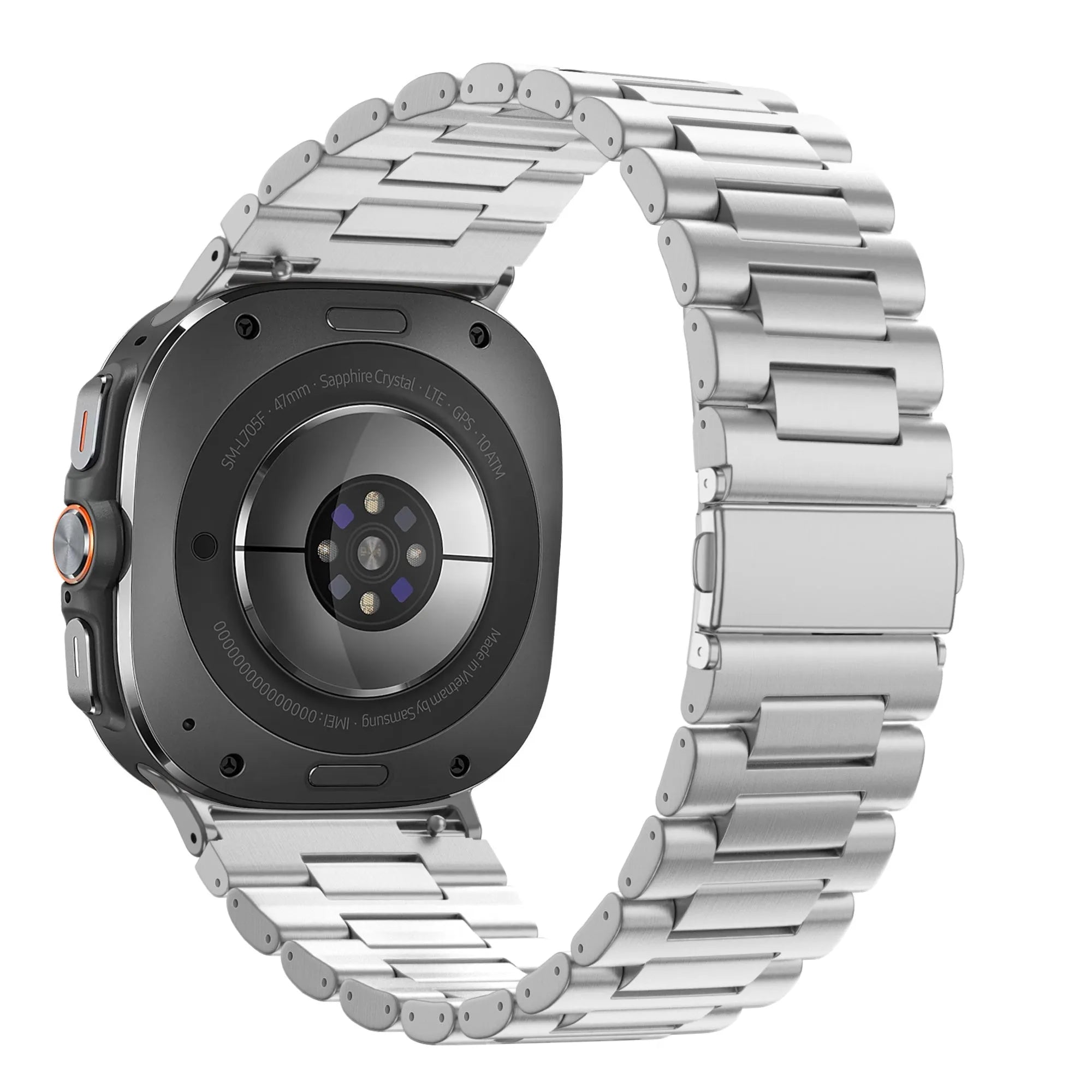 Steel Link Strap 'Deluxe', silver, on a watch, 3/4 rear view