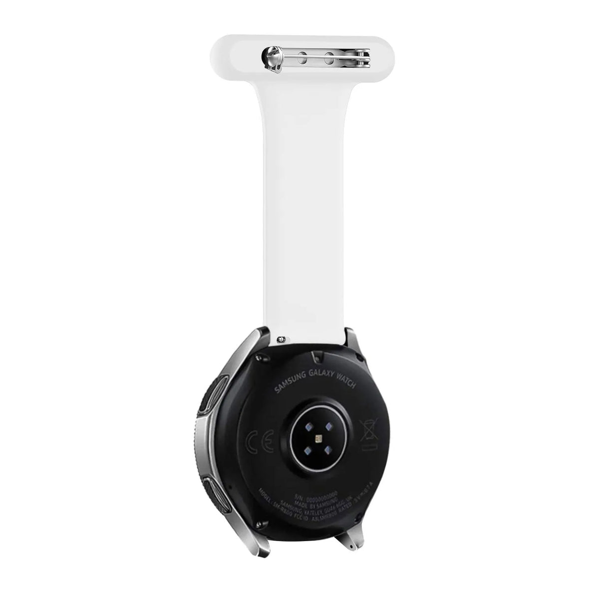 Silicone Nurse Fob, white, on a watch, 3/4 rear view