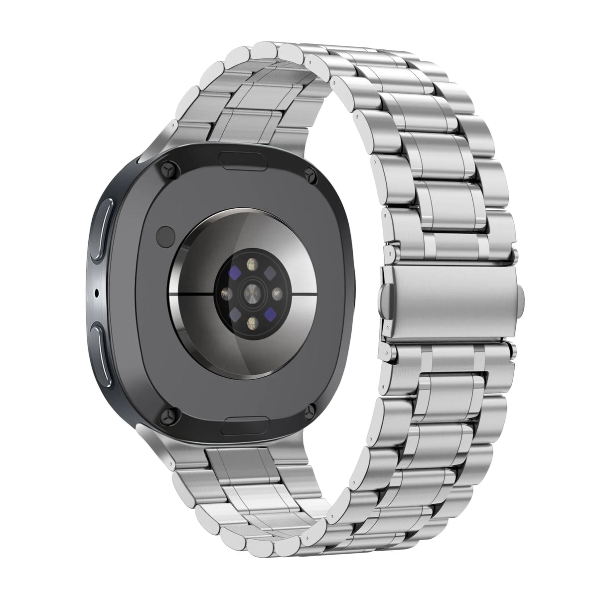 Steel Strap 'Deluxe', silver, on a watch, 3/4 rear view