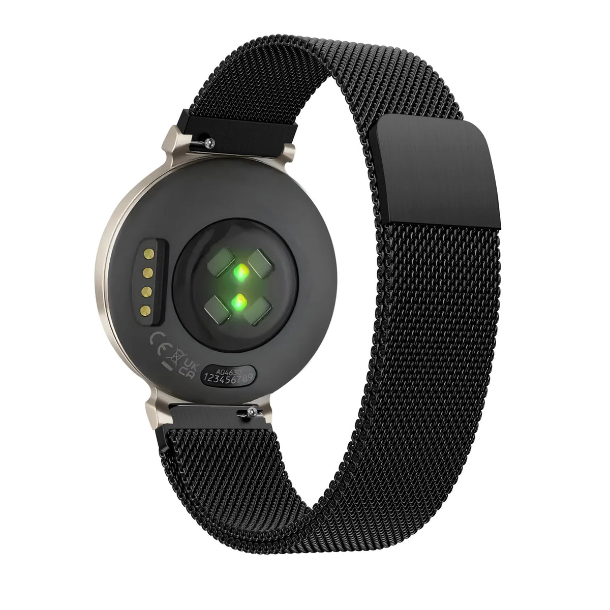 Milanese Loop Strap, black, on a watch, 3/4 rear view