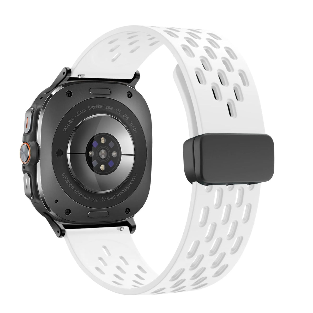 Silicone D-Buckle Sport Strap 'Air', white, on a watch, 3/4 rear view