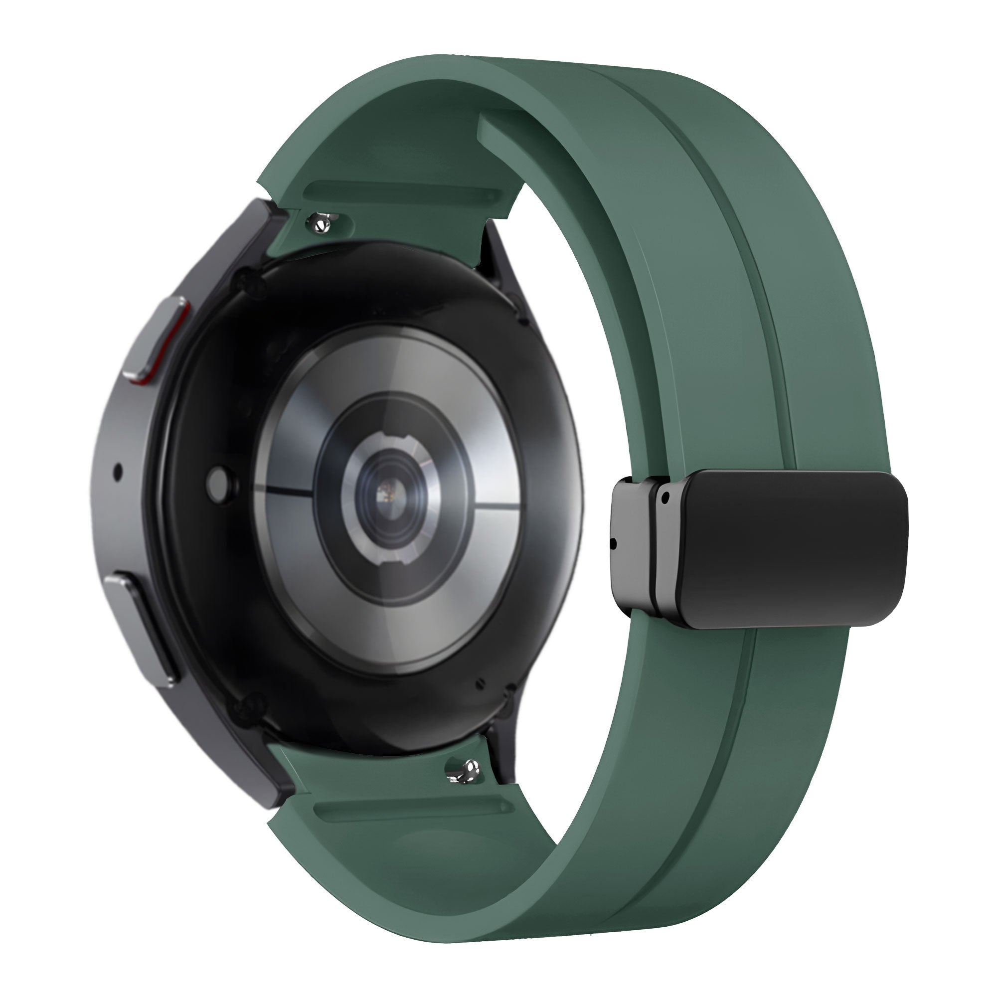 D-Buckle Silicone Strap, dark green, on a watch, 3/4 rear view