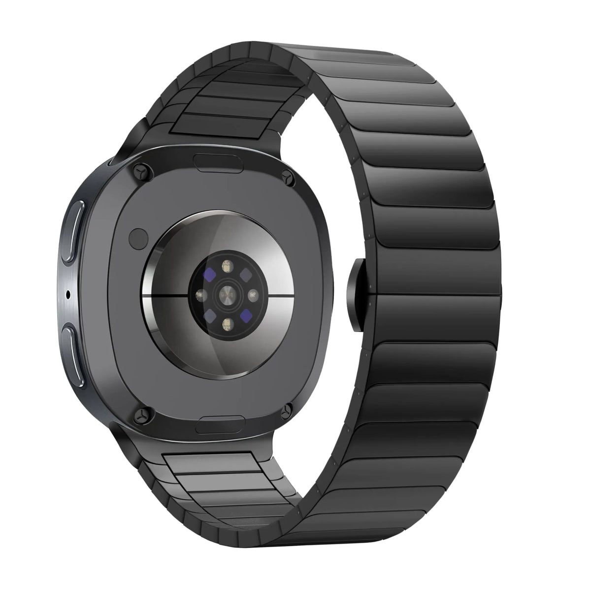 Steel Strap 'One Bead', black, on a watch, 3/4 rear view