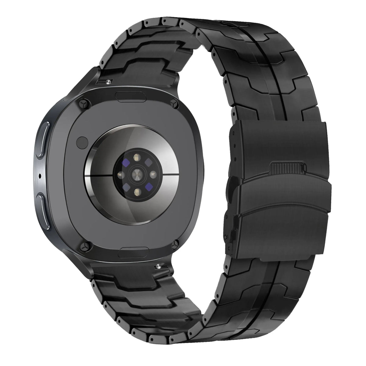 Titanium Strap 'Iron', black, on a watch, 3/4 rear view