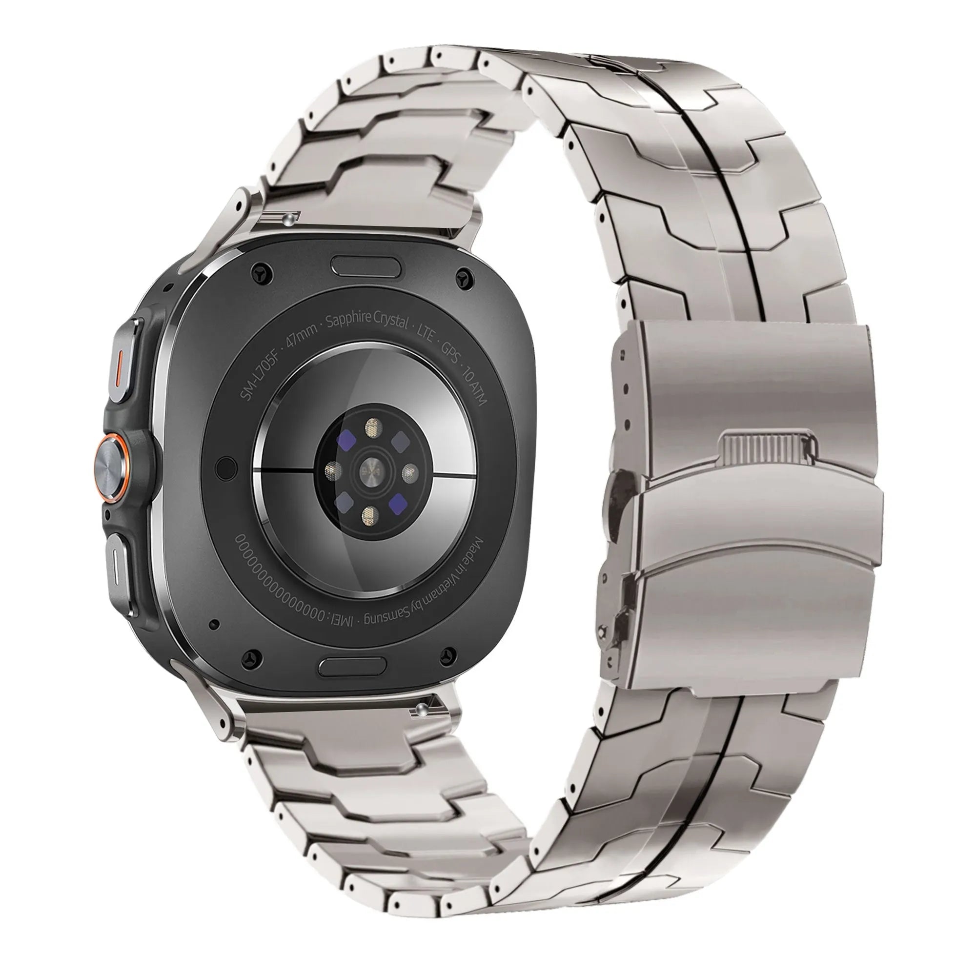 Titanium Strap 'Iron', on a watch, 3/4 rear view