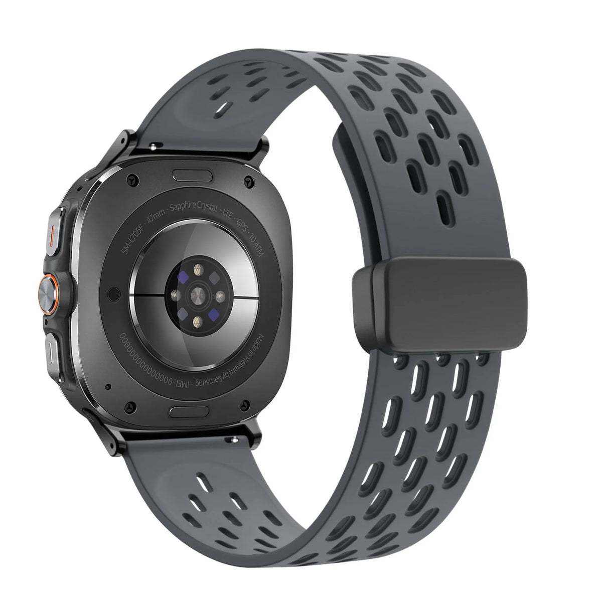Silicone D-Buckle Sport Strap 'Air', dark grey, on a watch, 3/4 rear view