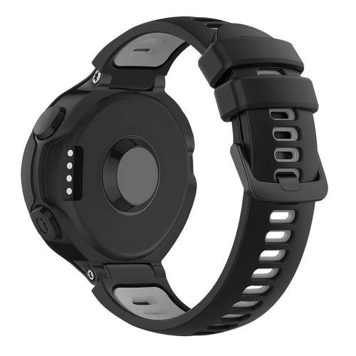 Silicone Buckled Sport Strap, black/grey, on a watch, 3/4 rear view