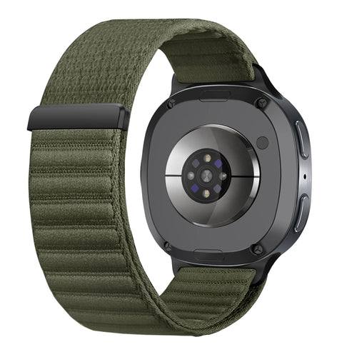Wave Nylon Strap, dark green, on a watch, 3/4 rear view