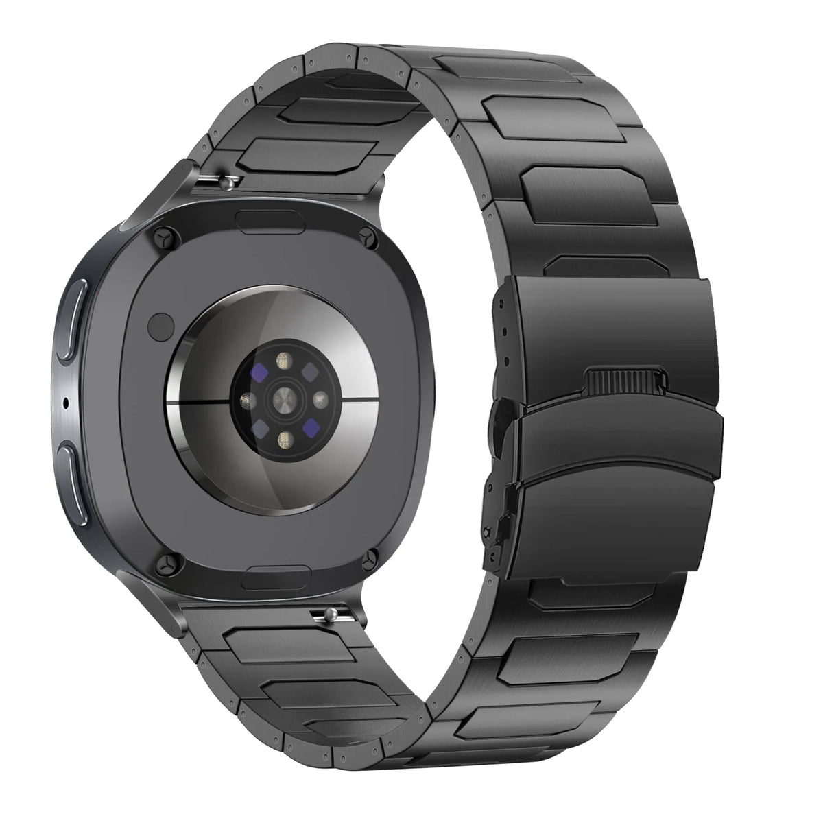 Titanium Strap 'Deluxe', black, on a watch, 3/4 rear view