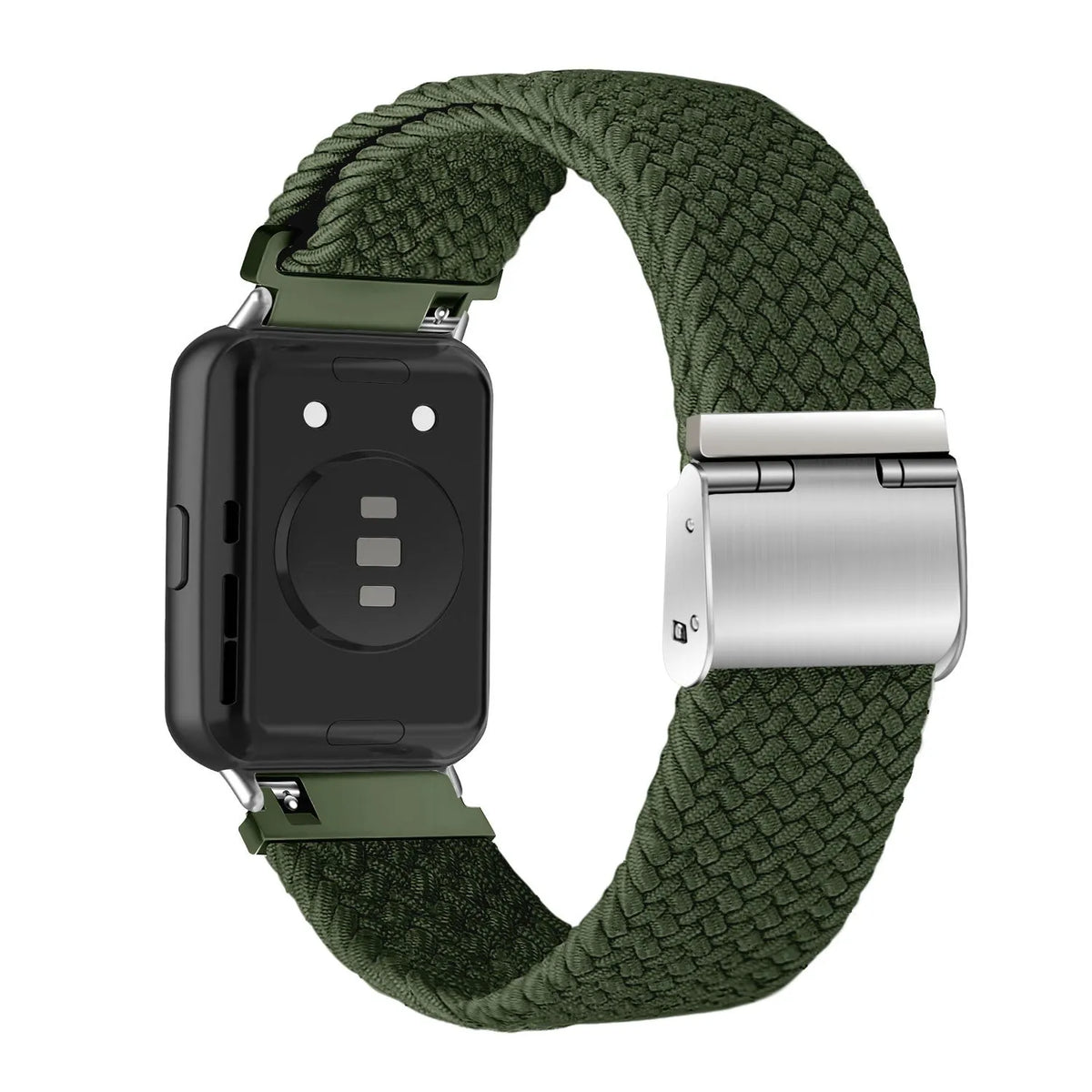 Nylon Adjustable Braided Strap, green, on a watch, 3/4 rear view