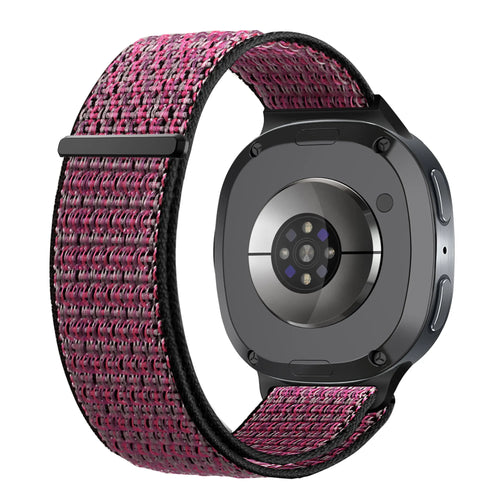 Nylon Strap, berry, on a watch, 3/4 rear view