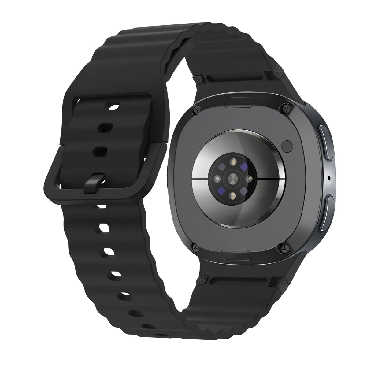 Wave Silicone Strap, black, on a watch, 3/4 rear view