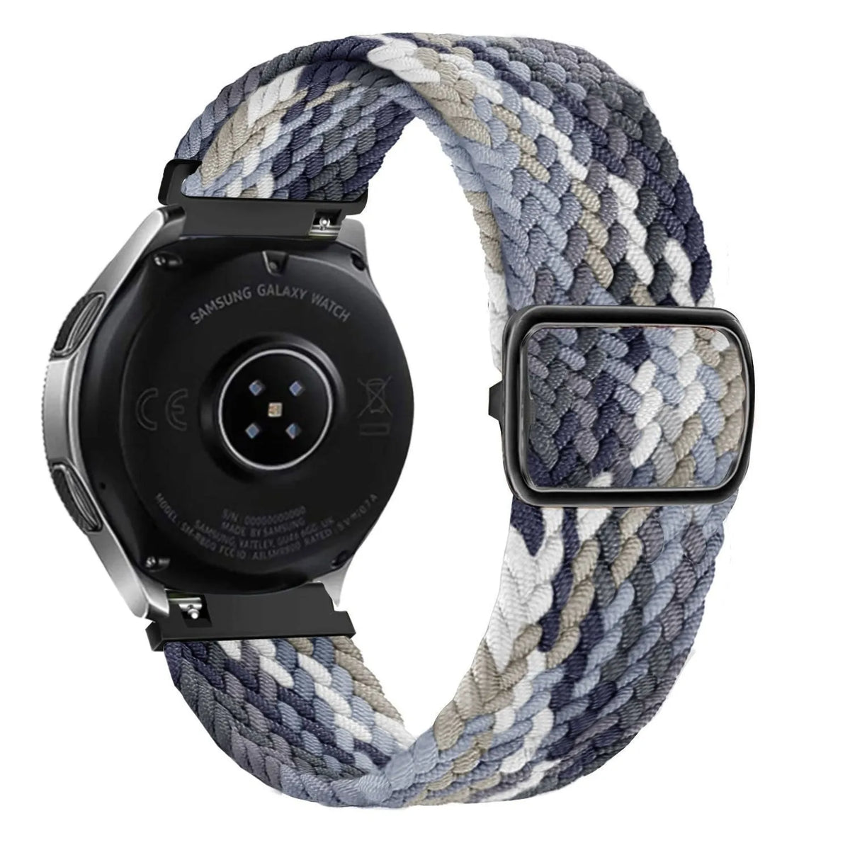Nylon Adjustable Braided Strap, black/white, on a watch, 3/4 rear view