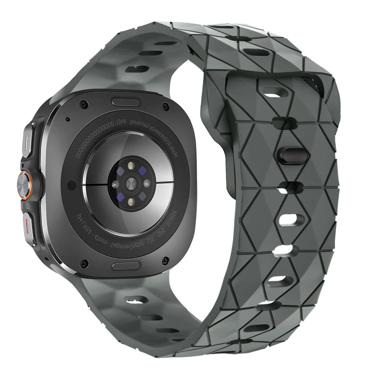 Silicone Strap Hexagons, dark grey, on a watch, 3/4 rear view