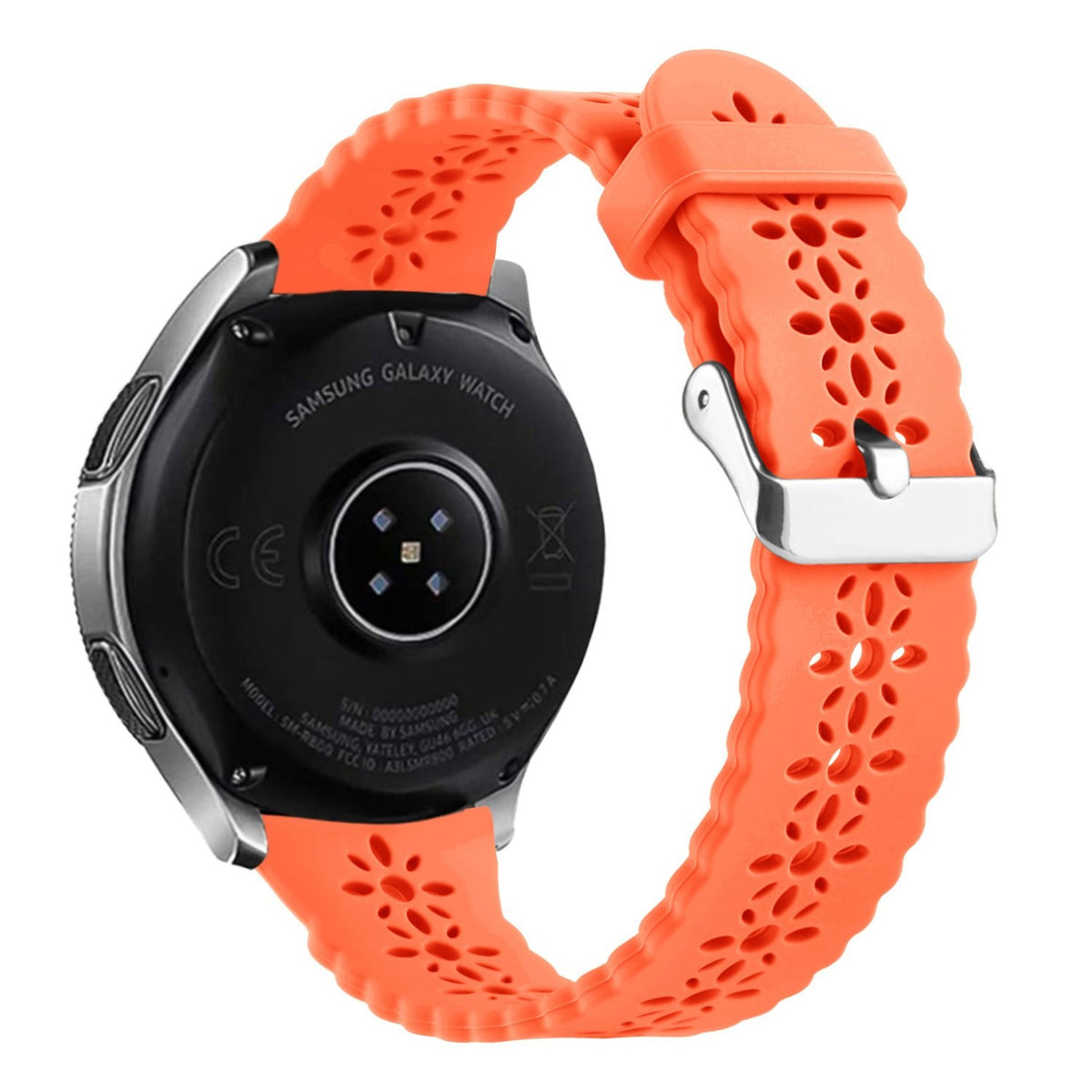 Patterned Silicone Strap, orange, on a watch, 3/4 rear view