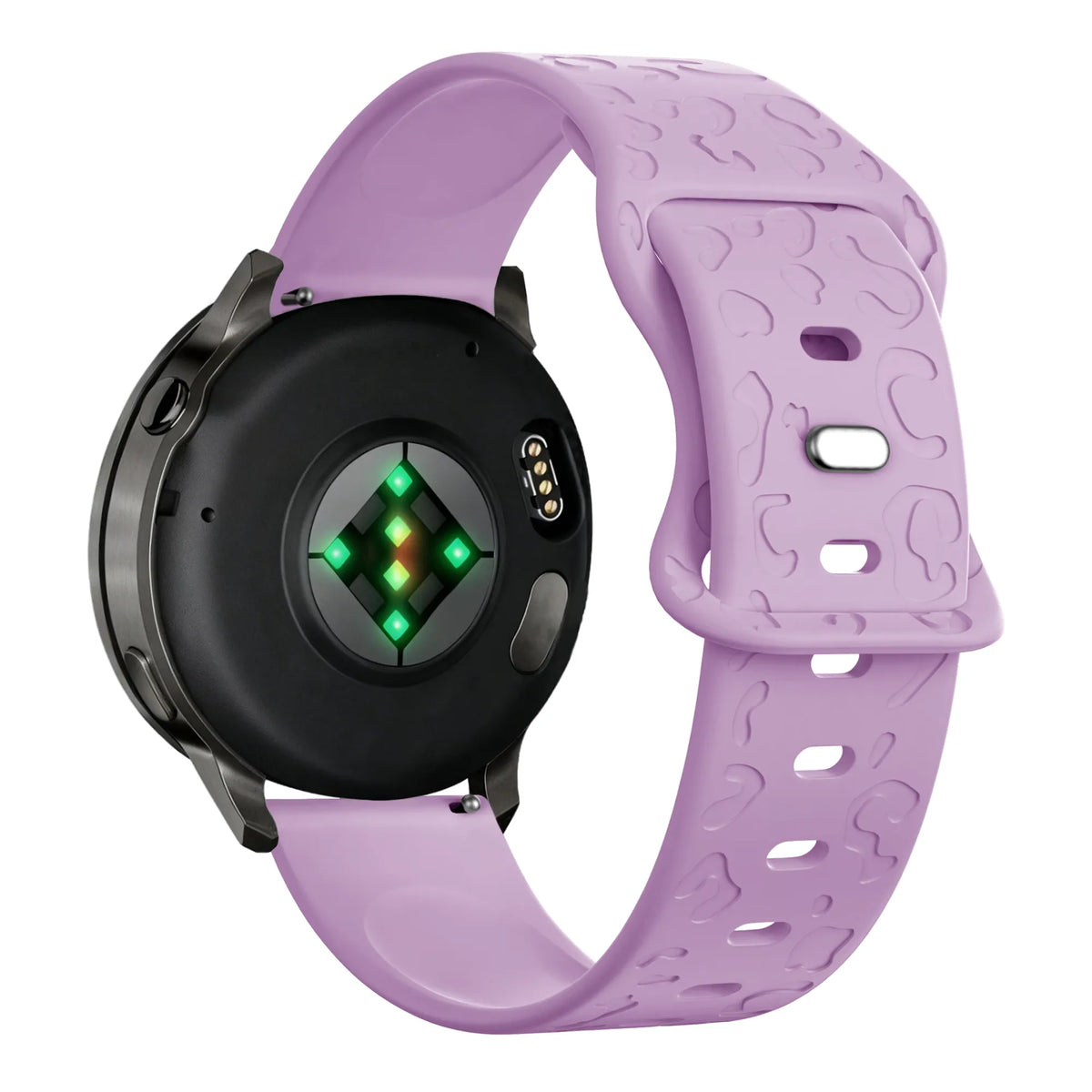 Silicone Strap 'Leopard', light purple, on a watch, 3/4 rear view