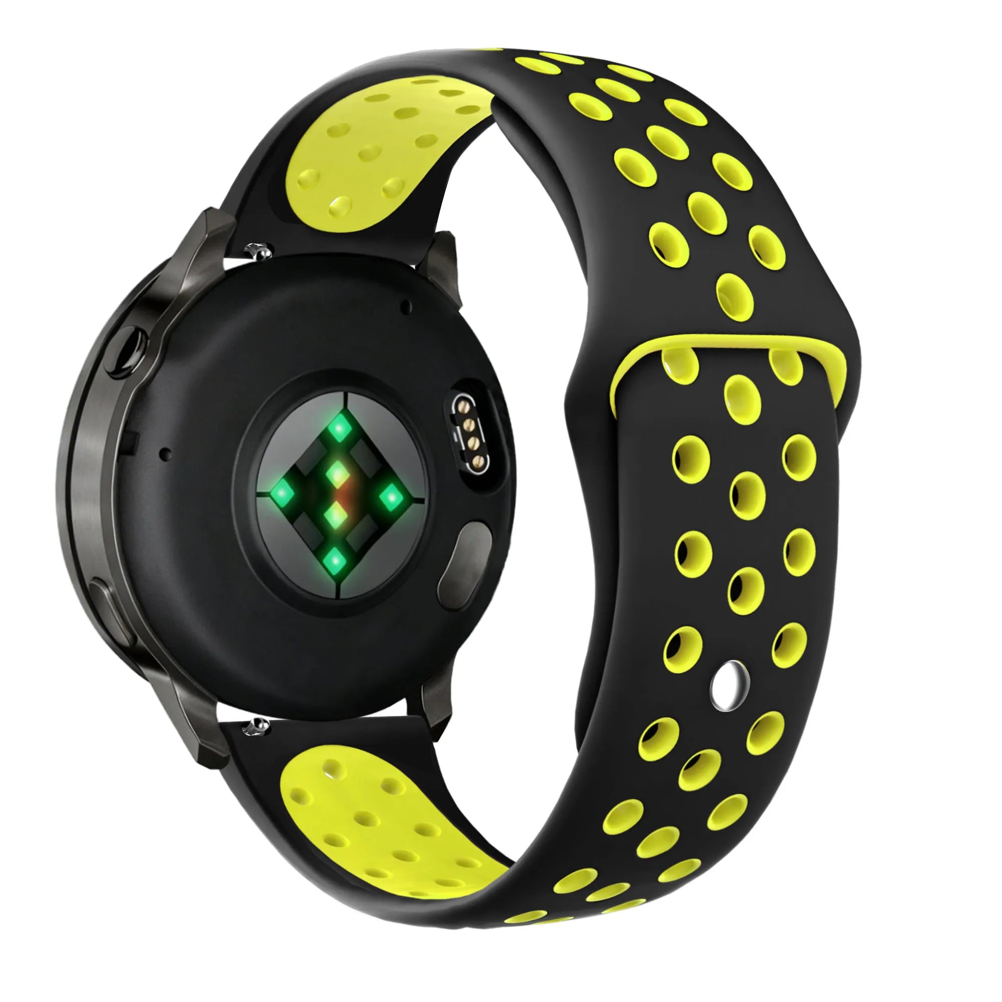 Silicone Sport Strap 'Deluxe', black/yellow, on a watch, 3/4 rear view