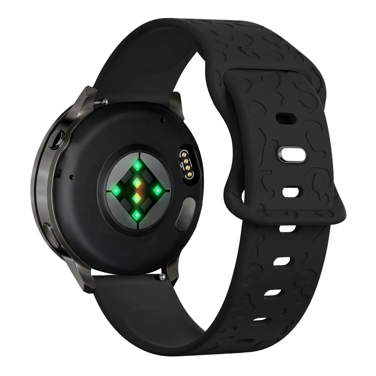Silicone Strap 'Leopard', black, on a watch, 3/4 rear view