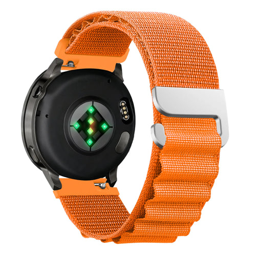 Nylon Alpine Strap, orange, on a watch, 3/4 rear view