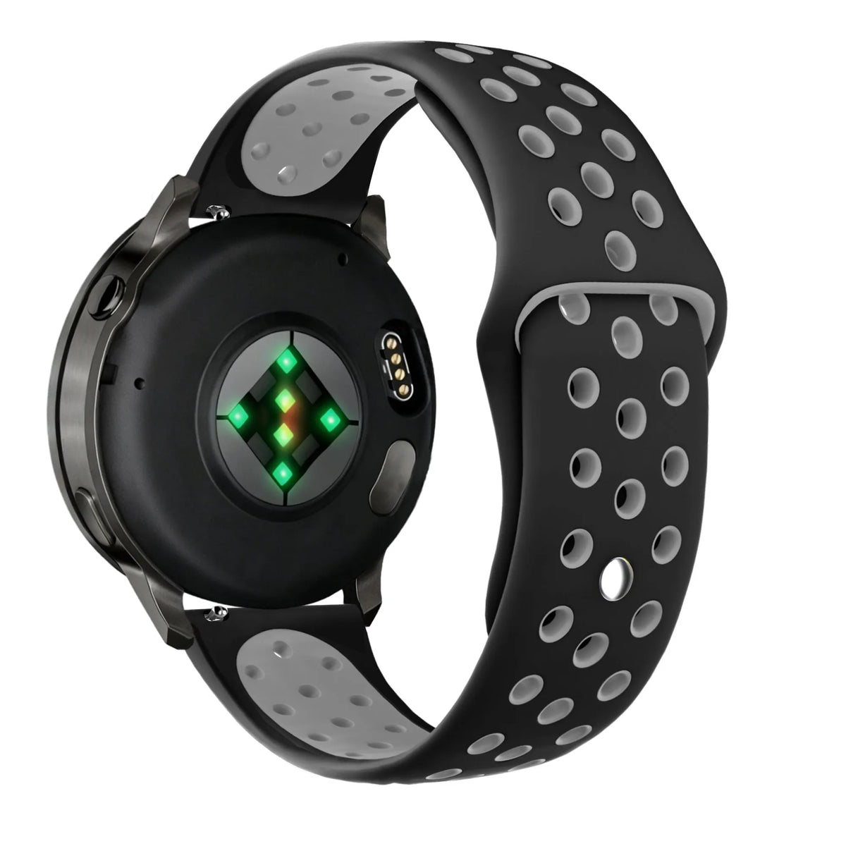 Silicone Sport Strap 'Deluxe', black/grey, on a watch, 3/4 rear view