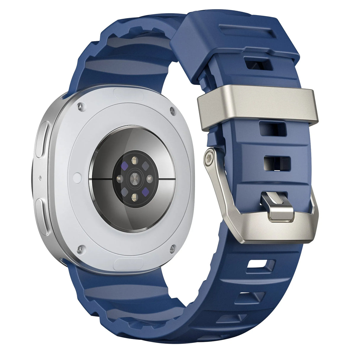 Silicone Strap Extreme, dark blue, on a watch, 3/4 rear view