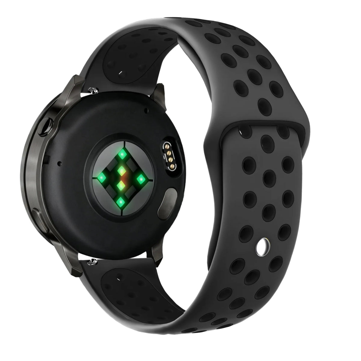 Silicone Sport Strap 'Deluxe', dark grey/black, on a watch, 3/4 rear view
