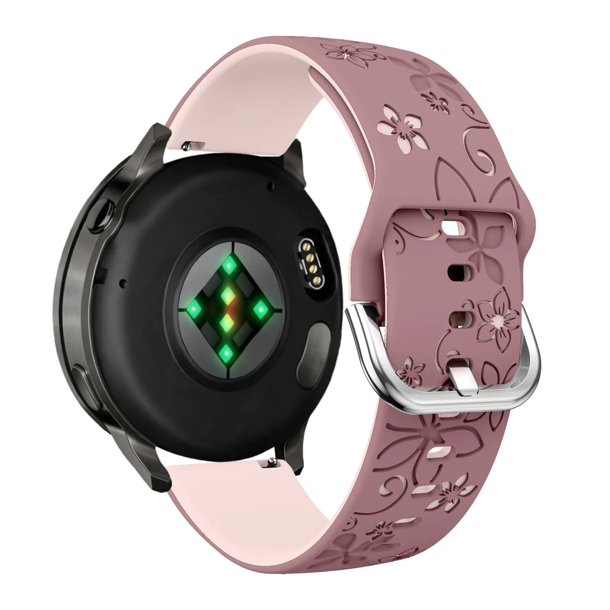 Silicone Strap 'Flowers', smoke purple/light pink, on a watch, 3/4 rear view