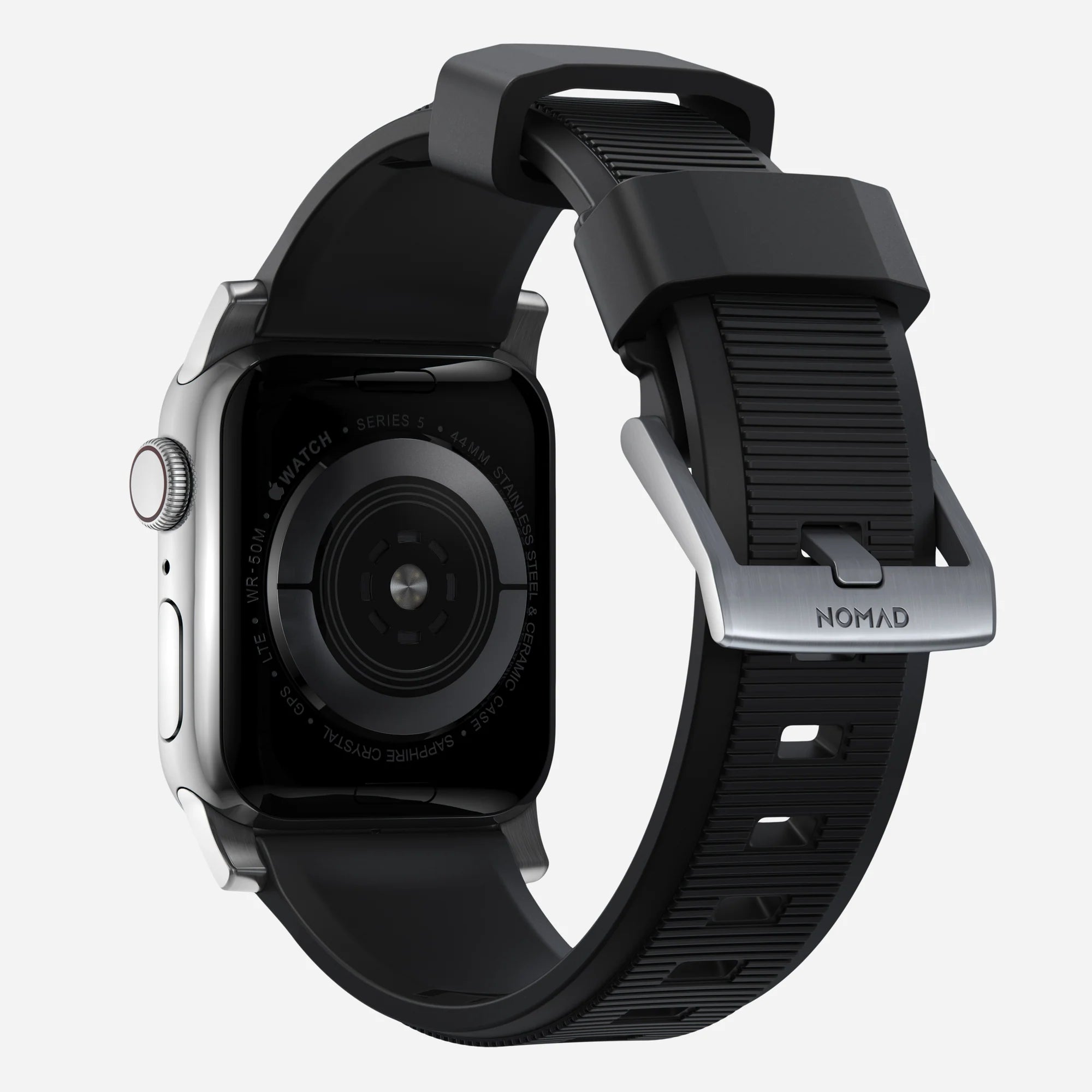 Nomad Correa de silicona resistente Apple Watch (negro/plateado)