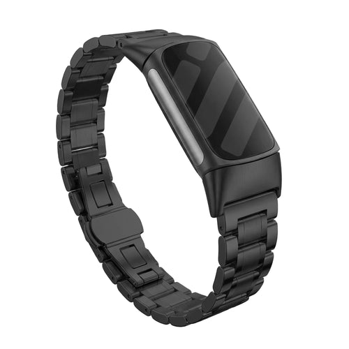 Metal Link Strap, black, on a watch, 3/4 rear view
