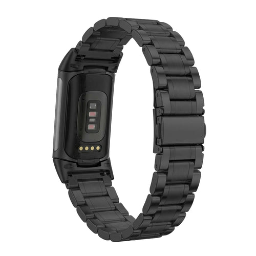 Metal Link Strap, black, on a watch, 3/4 rear view