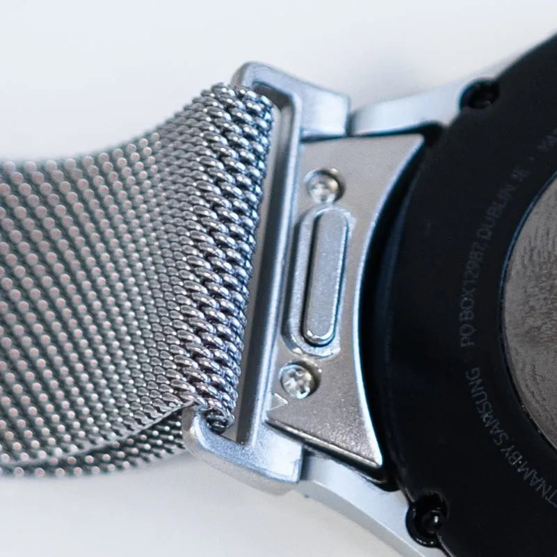 Milanese Strap 'One Push', silver, on a watch, 3/4 rear view