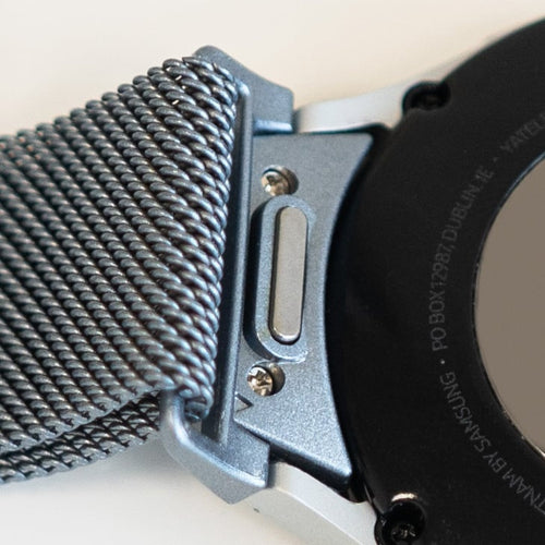 Milanese Strap 'One Push', space grey, on a watch, 3/4 rear view