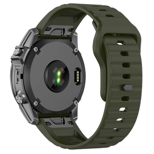 Outdoor Silicone Strap, army green, on a watch, 3/4 rear view