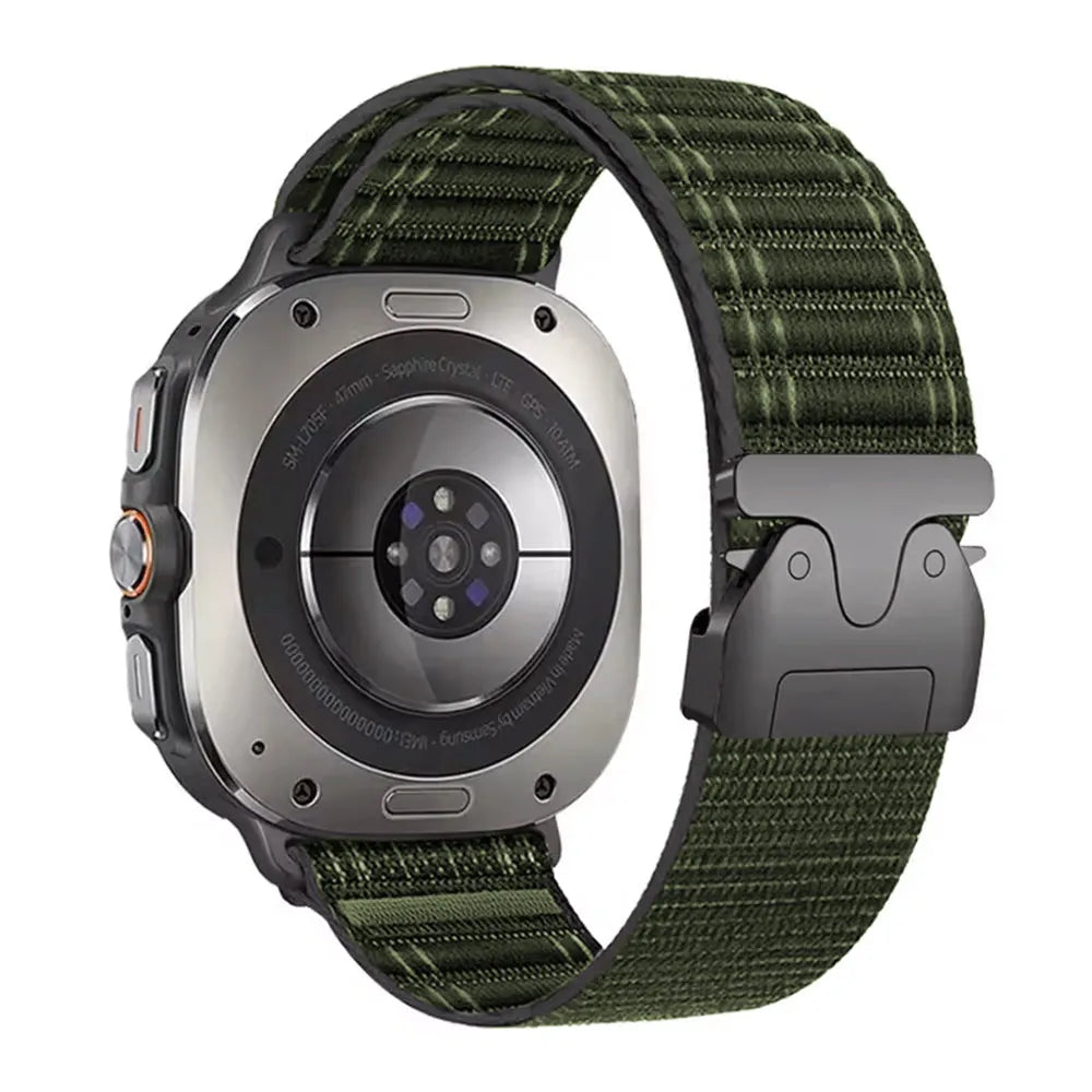 Wave Nylon Strap P-Buckle, green, on a watch, 3/4 rear view