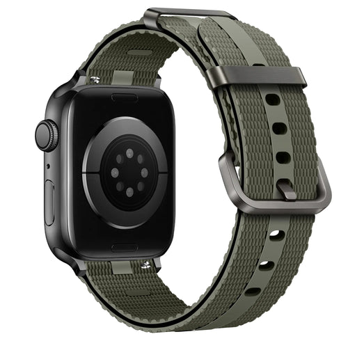 Silicone Active Strap, army green, on a watch, 3/4 rear view
