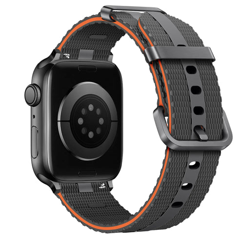 Silicone Active Strap, dark grey/orange, on a watch, 3/4 rear view