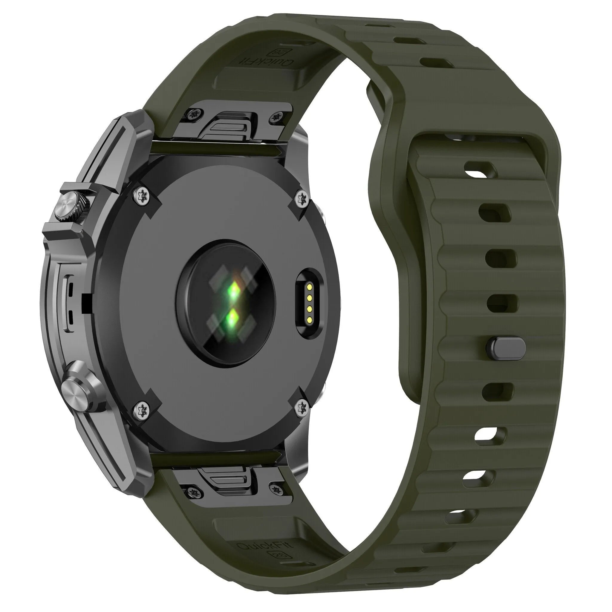 Outdoor Silicone Strap, army green, on a watch, 3/4 rear view