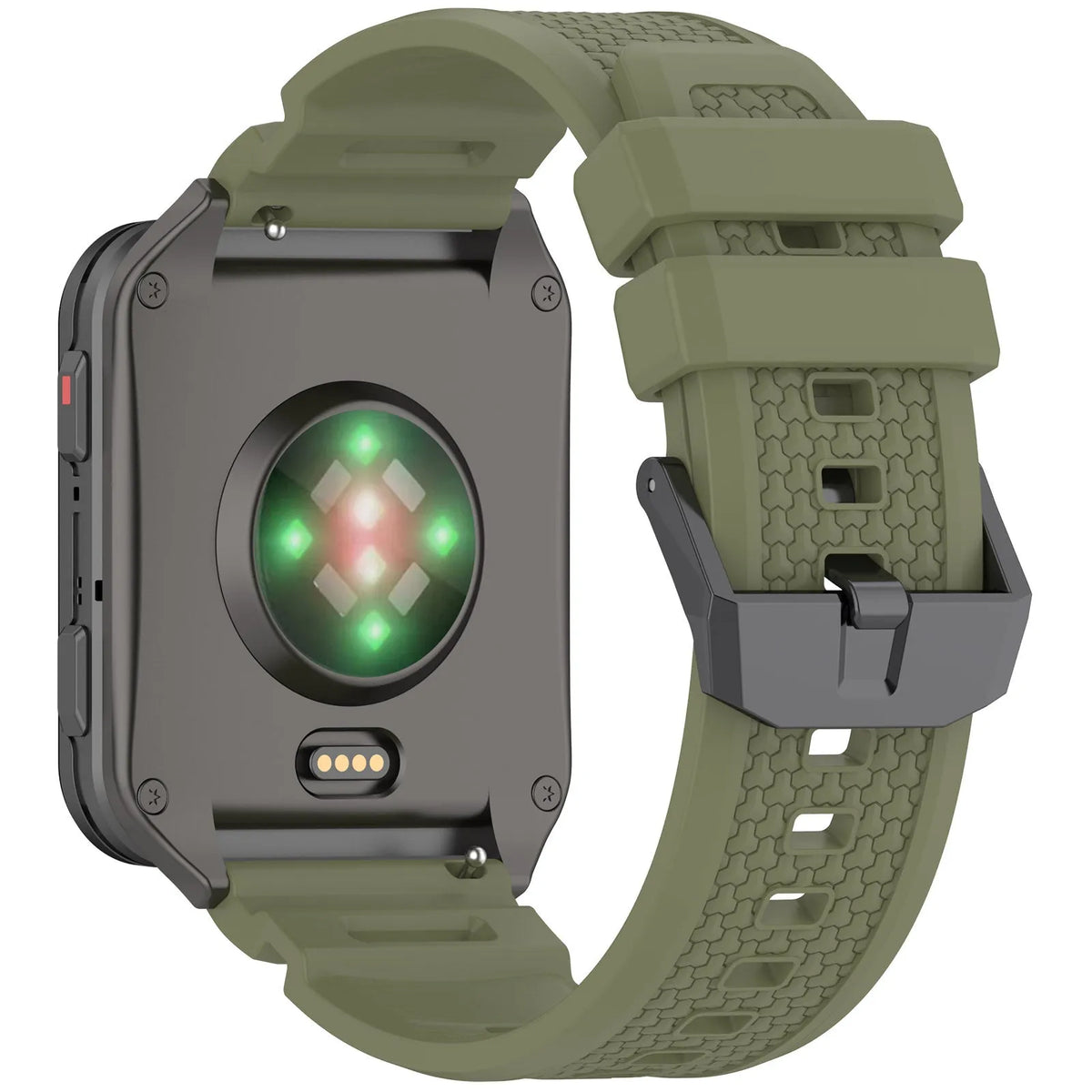 Silicone Strap, army green, on a watch, 3/4 rear view