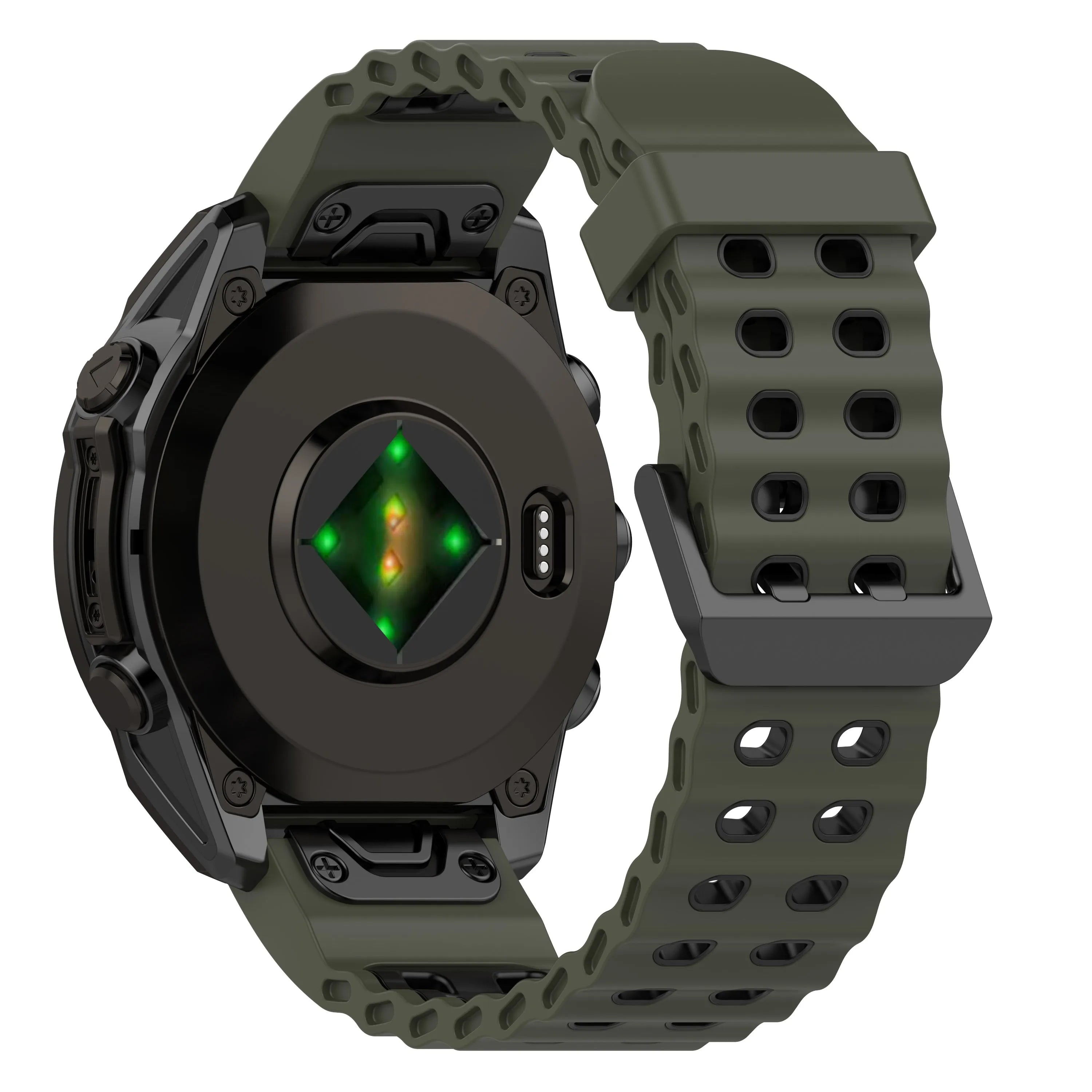 Silicone Wave Sport Strap, army green/black, on a watch, 3/4 rear view