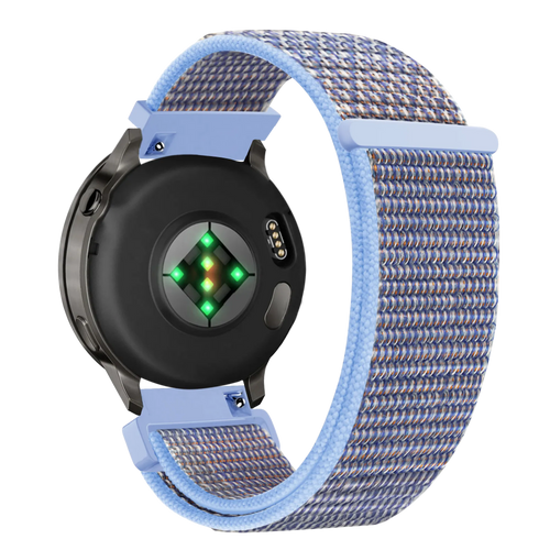 Nylon Loop Strap, azure blue, on a watch, 3/4 rear view
