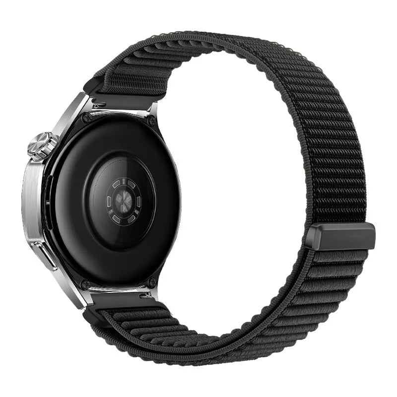 Wave Nylon Strap, black, on a watch, 3/4 rear view